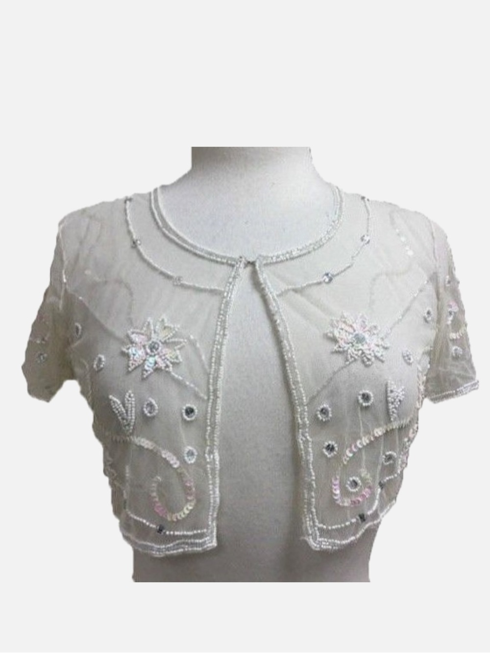 Embellished Ivory Beaded Short Sleeve Shrug Bolero